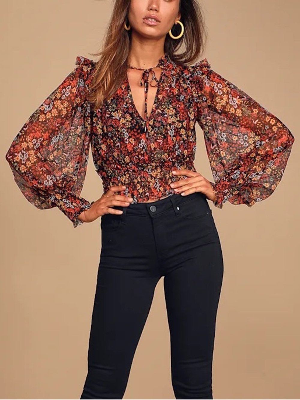 FREE PEOPLE Twyla Cropped Floral Top Sheer Mesh Ruffle Smocked Boho Small